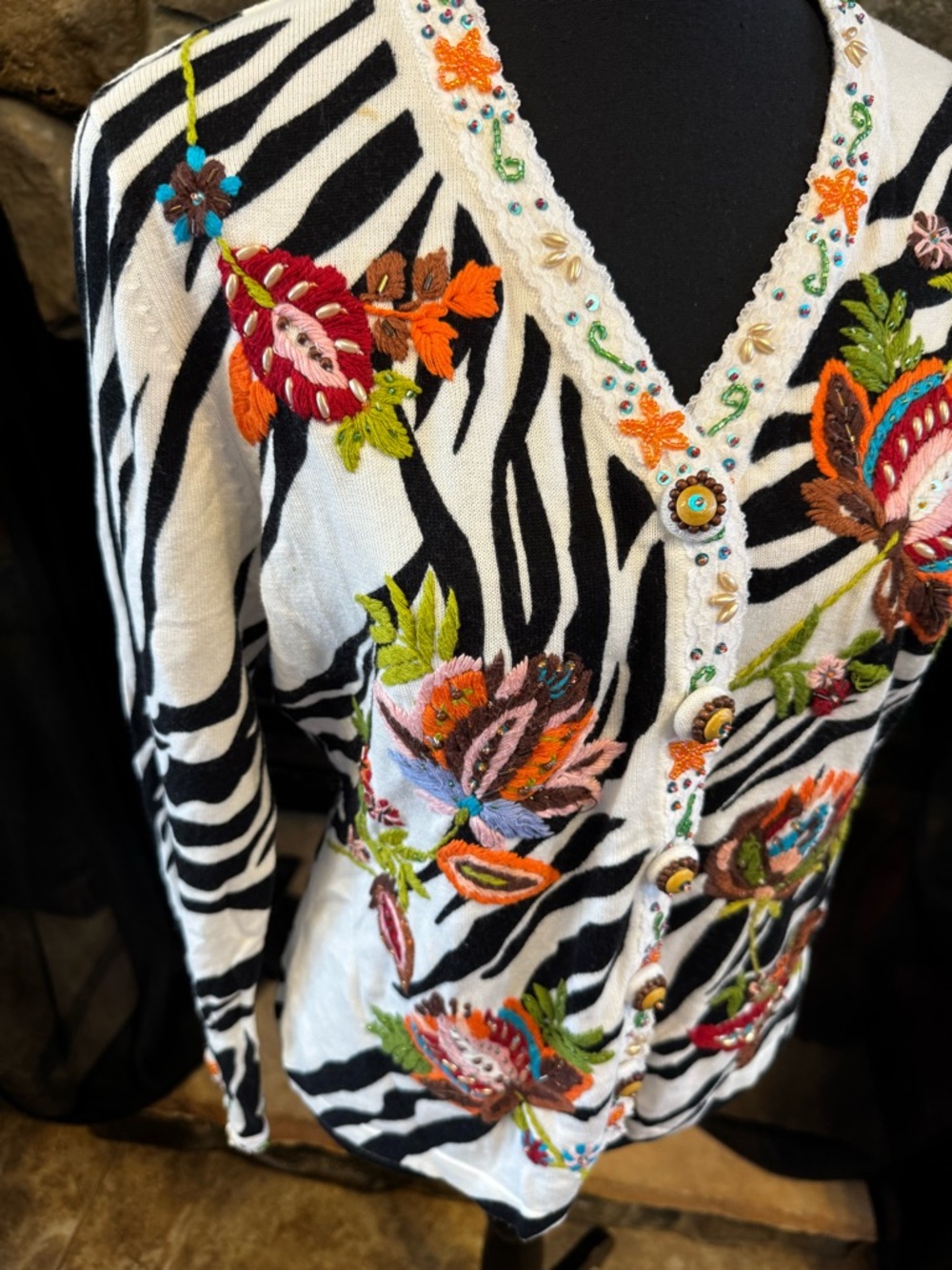 Women's Black & White Zebra Floral Embroidered Cardigan - Picture 3 of 10